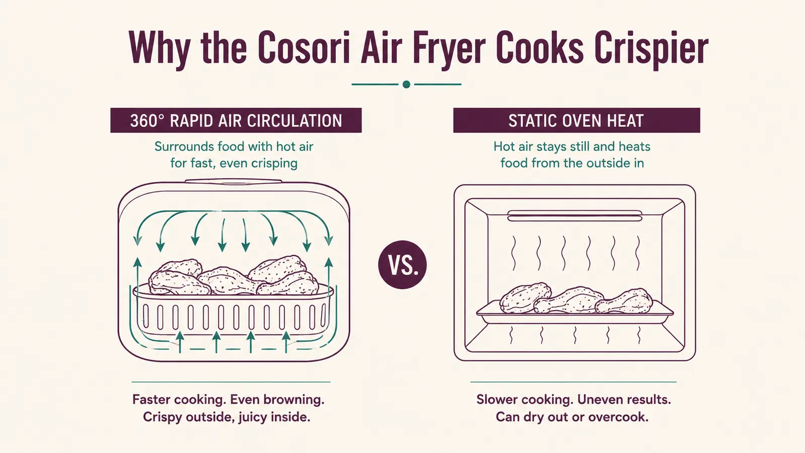 Diagram comparing circulating air fryer airflow to still oven heat and how each affects crisping