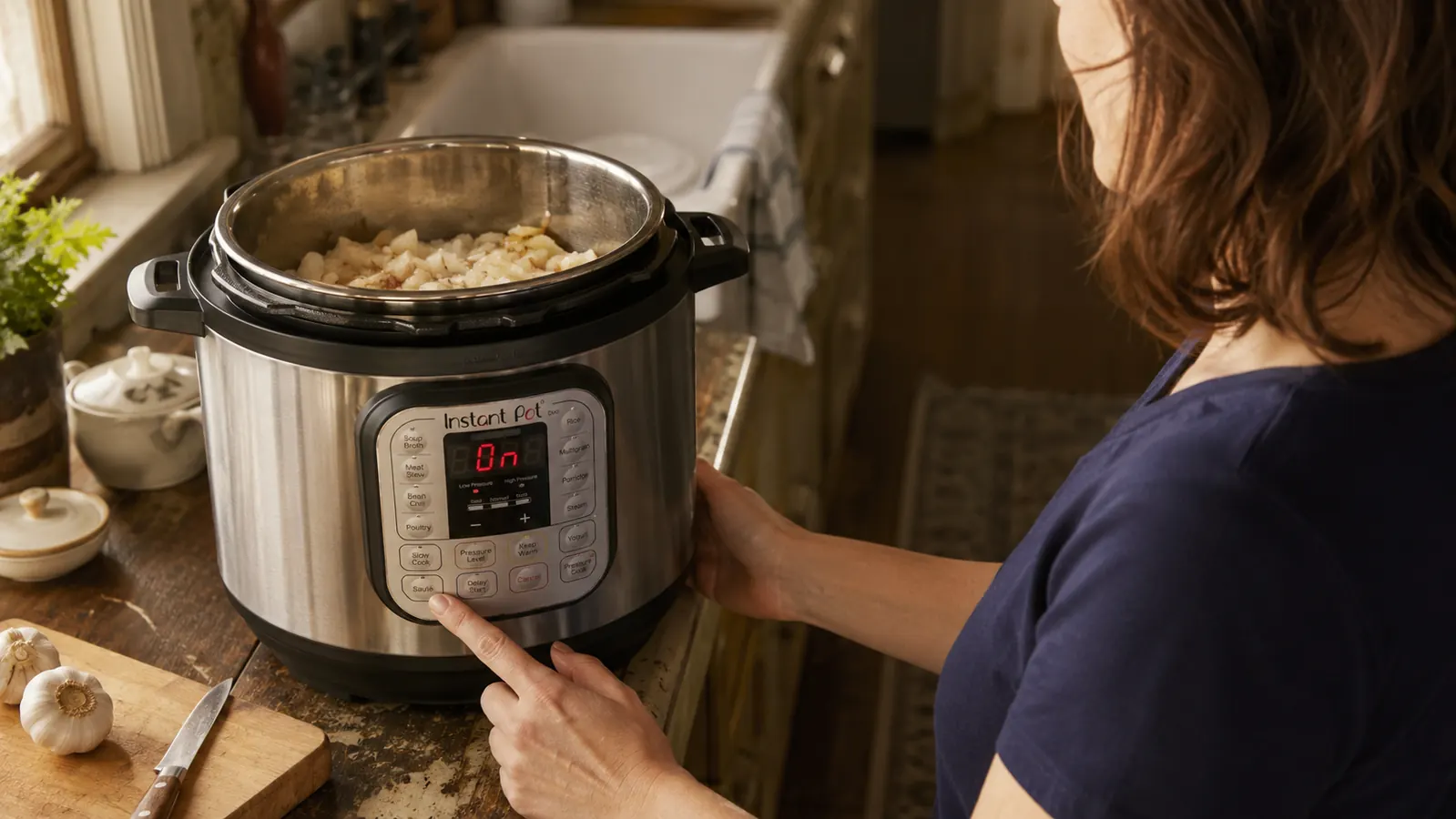 A hand pressing the saute setting on an Instant Pot Duo with onions browning inside
