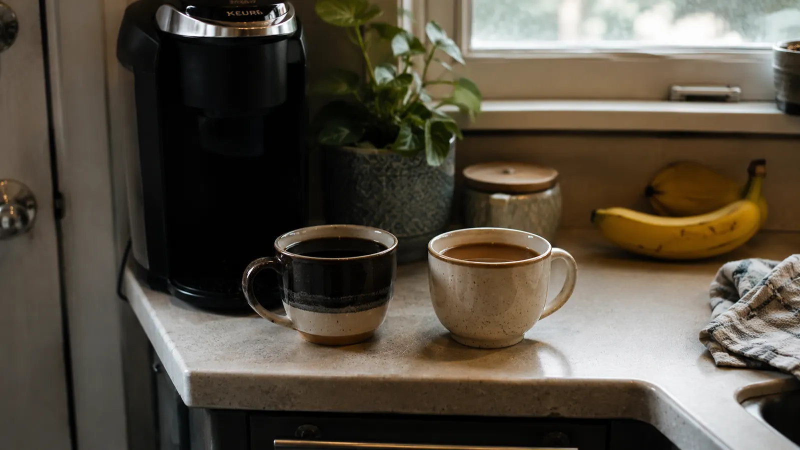 Two different coffee mugs beside the Keurig K-Classic representing two different roasts brewed separately