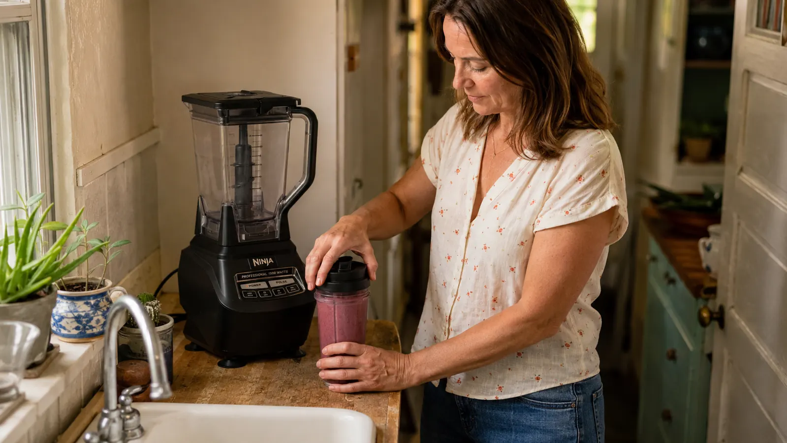Hands twisting a lid onto a single-serve smoothie cup next to the Ninja Mega Kitchen System