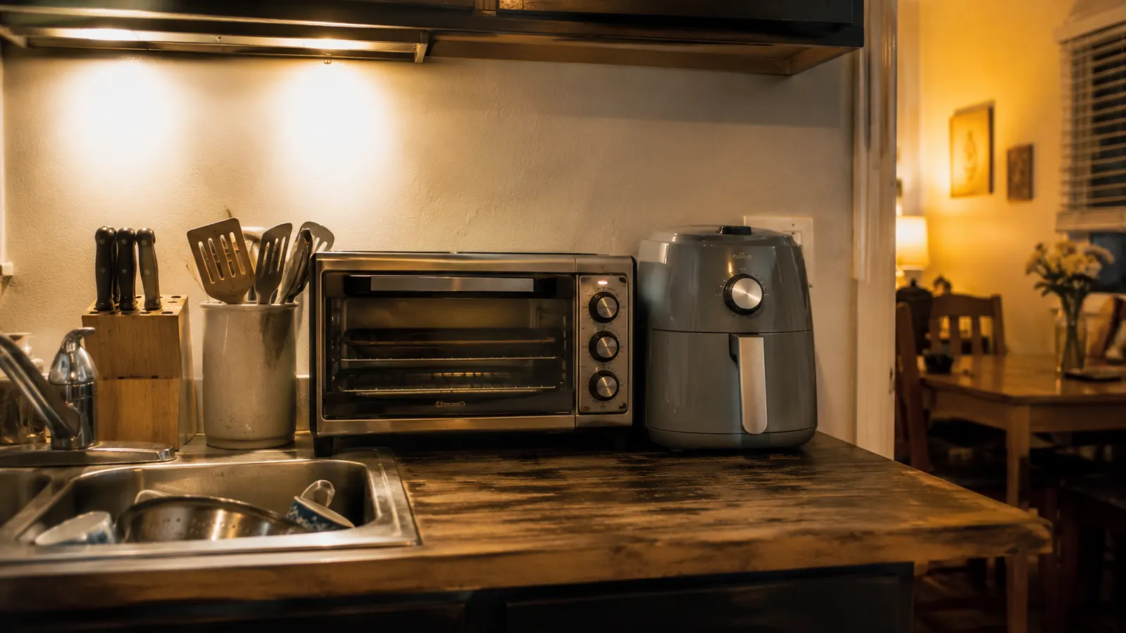A toaster oven and the Cosori Air Fryer Pro sitting side by side on a narrow kitchen counter