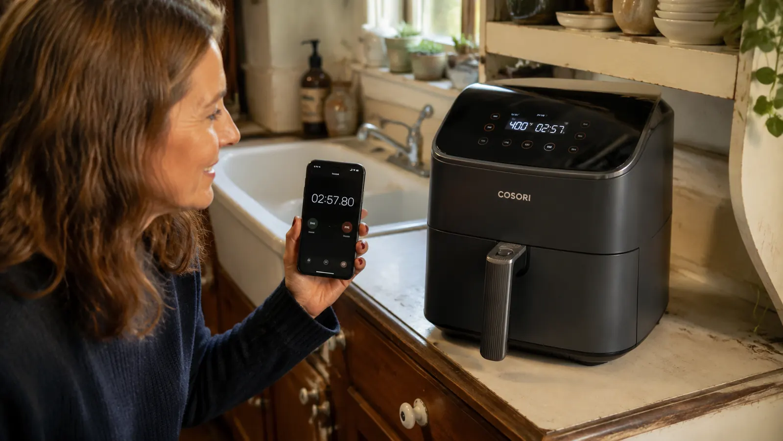 Hand holding a phone stopwatch beside the Cosori Air Fryer Pro's display during preheat