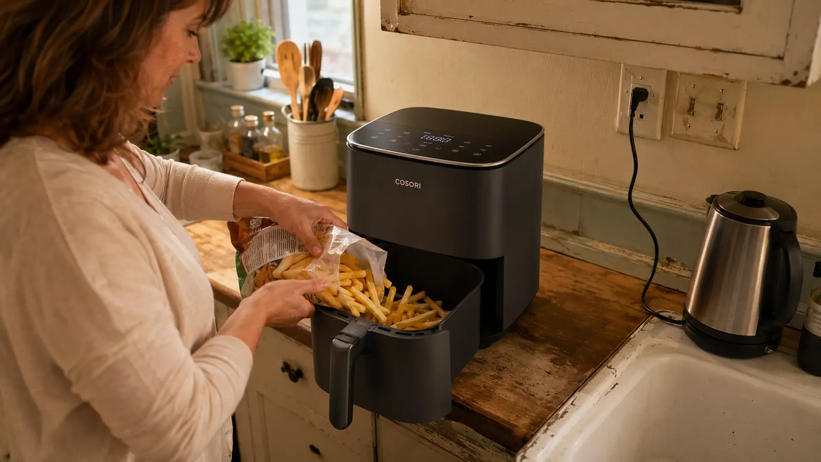 Hands loading frozen fries into the Cosori Air Fryer Pro's ceramic basket next to a kitchen sink outlet cluster