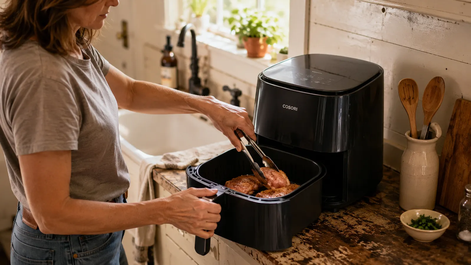 Hands loading chicken thighs into the Cosori Air Fryer Pro's ceramic basket beside a kitchen sink