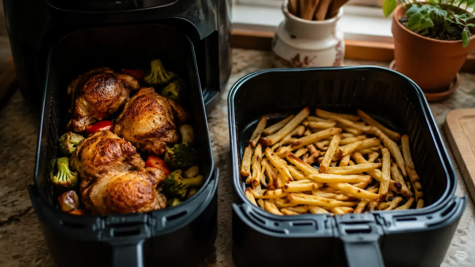 Two open air fryer baskets side by side showing different shapes and food loads on a kitchen counter