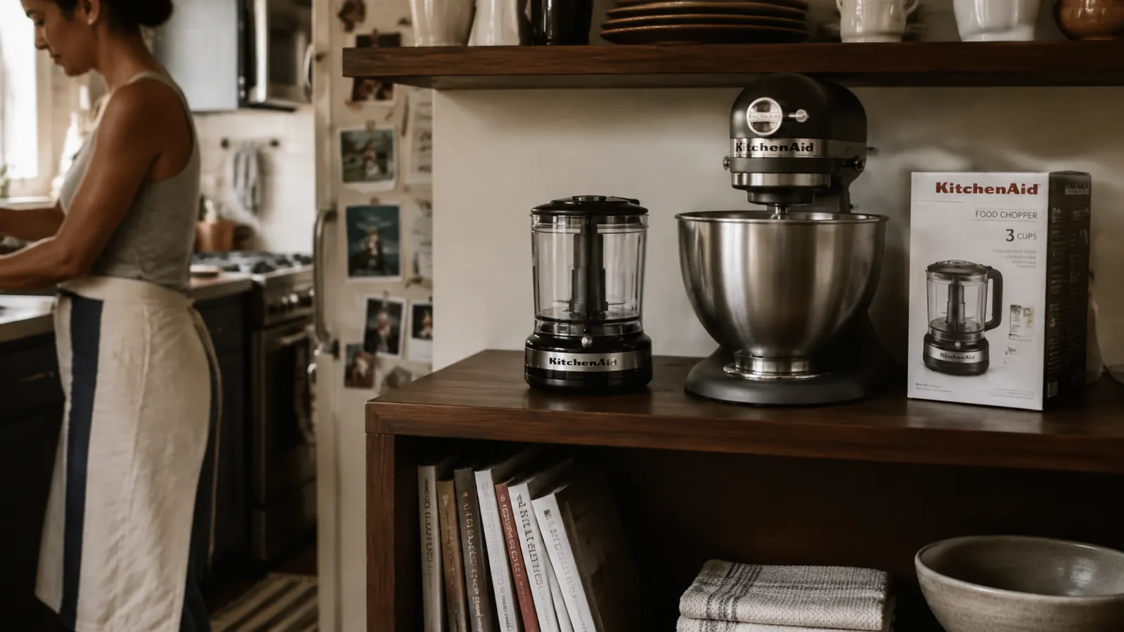 A small mini chopper and a stand mixer with an attachment shown as alternative appliance choices in a small kitchen