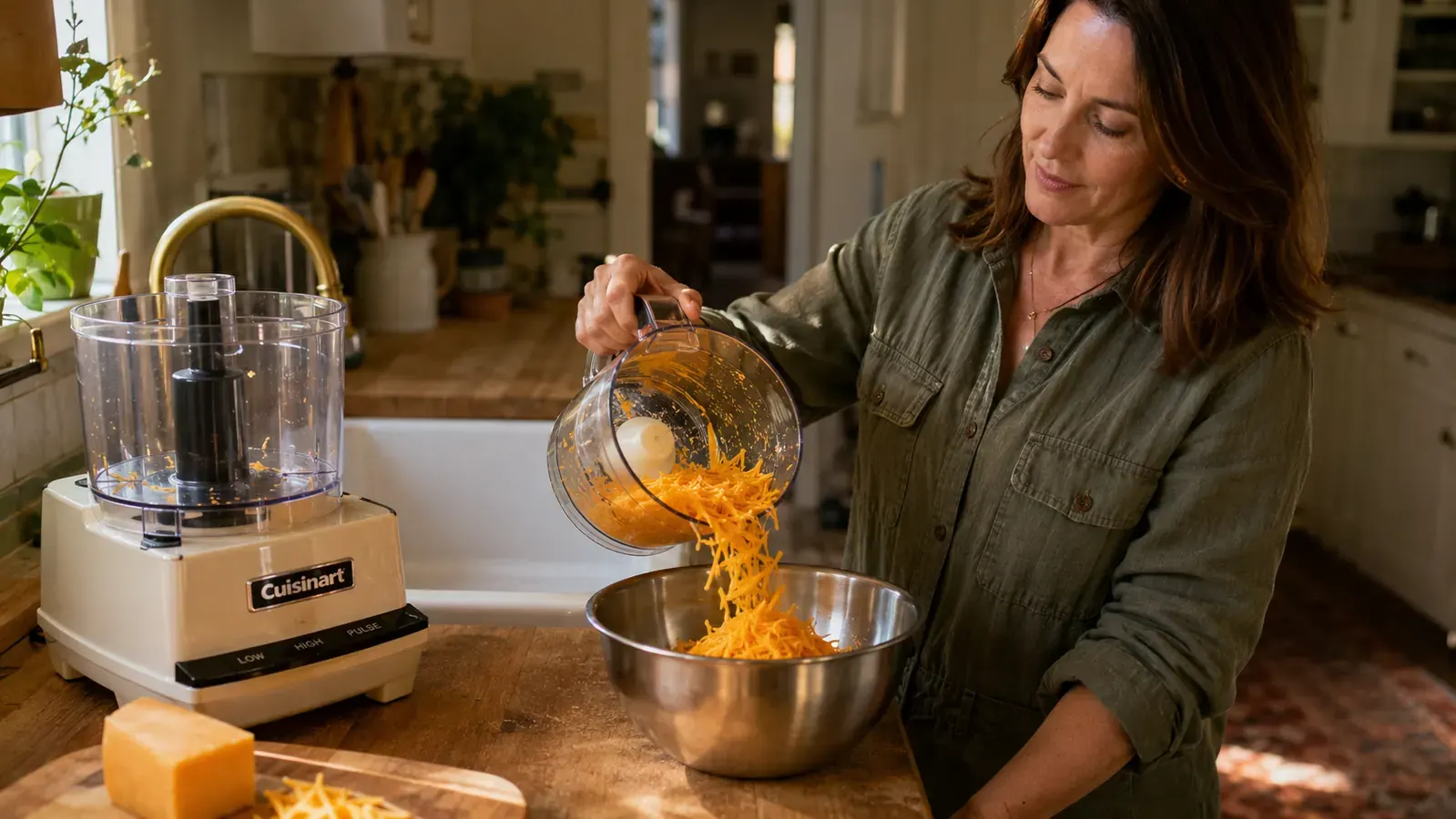 Hand pouring shredded cheese from a Cuisinart food processor bowl into a mixing bowl on a narrow kitchen counter