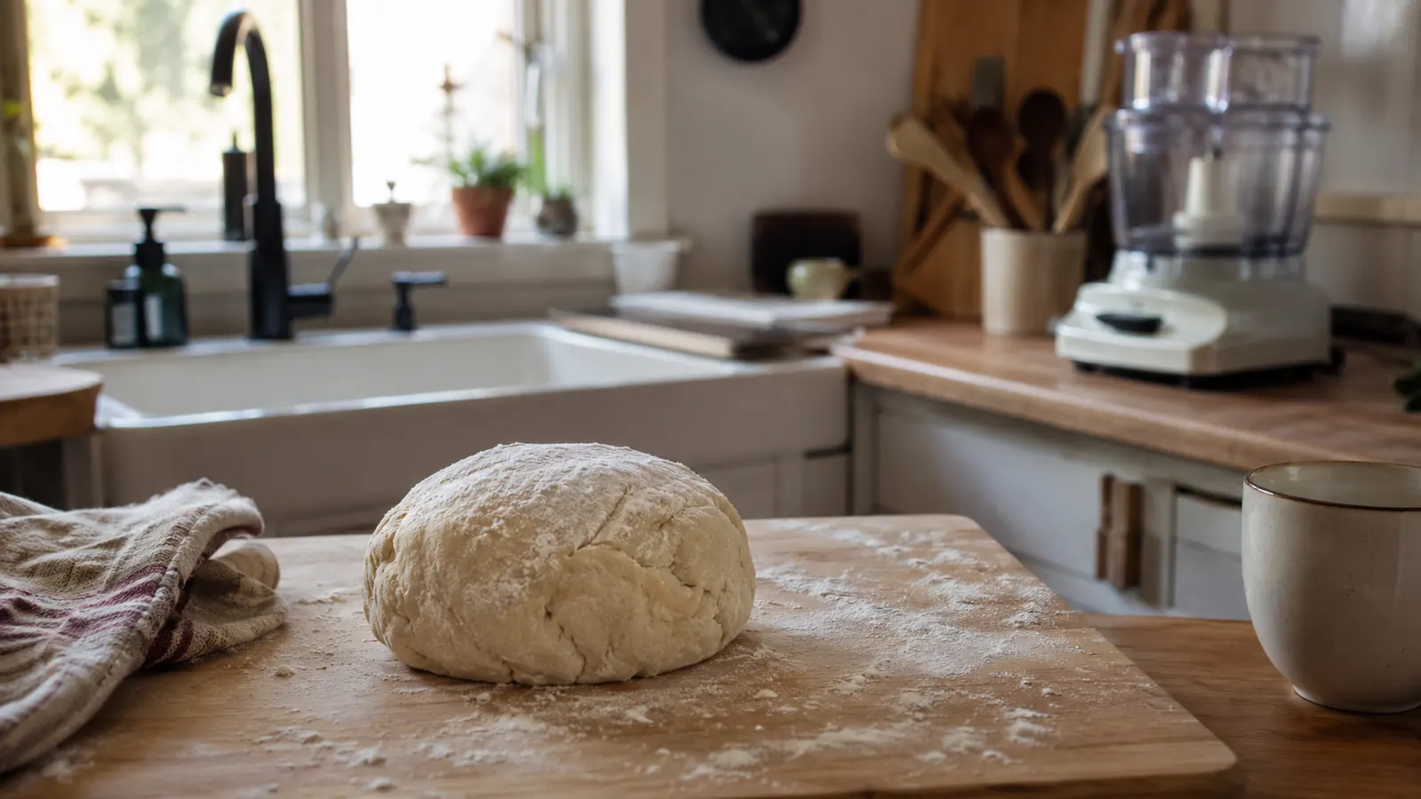 Pie dough resting on a floured board in a small galley kitchen with a food processor visible in the background