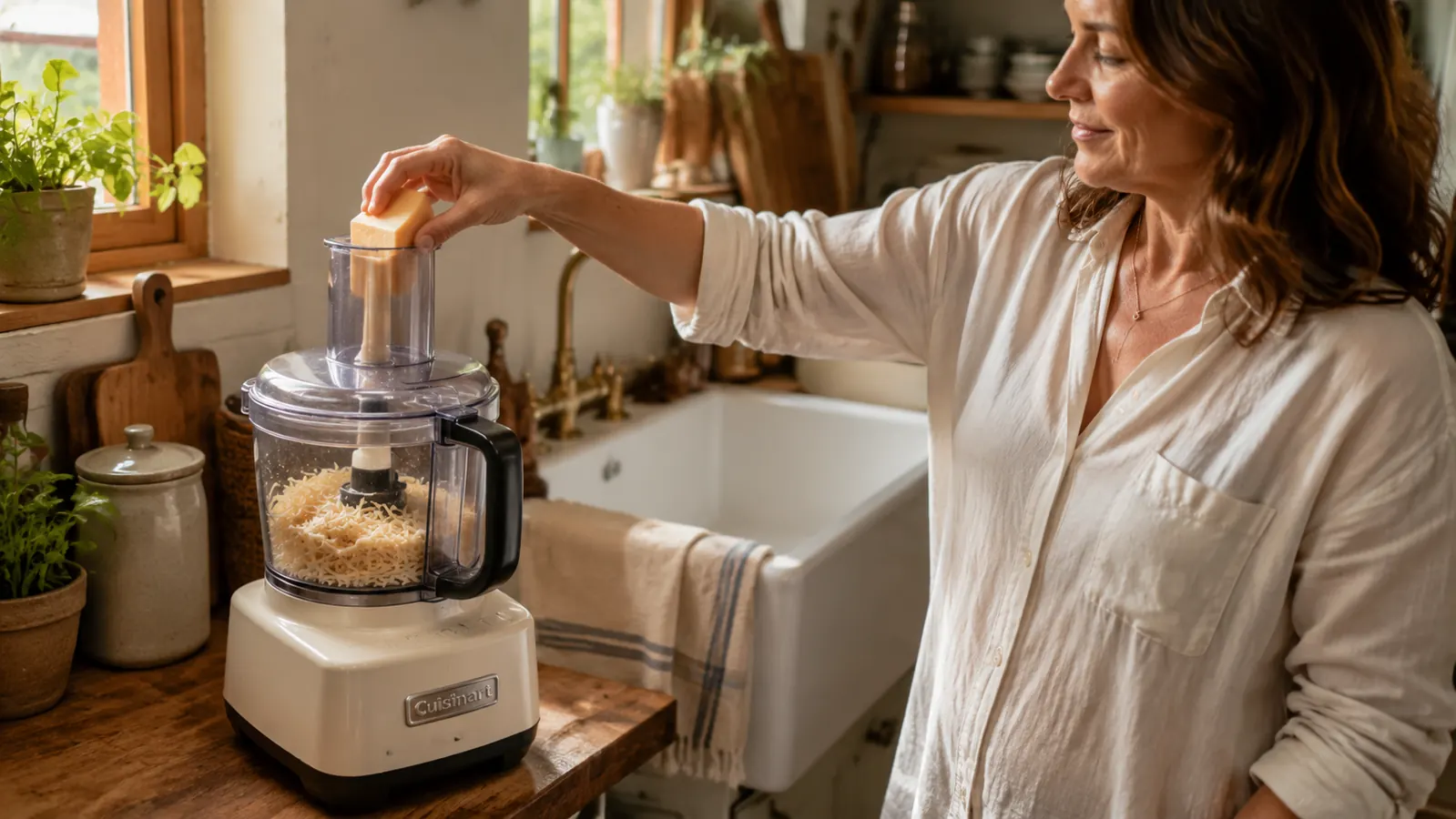 Hand feeding a block of cheese into a Cuisinart food processor on a narrow kitchen counter
