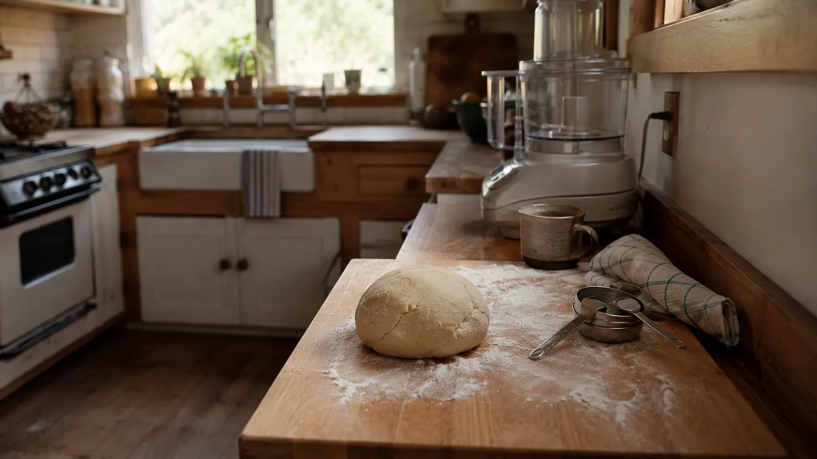 Pie dough resting on a floured board in a small galley kitchen with a food processor visible in the background