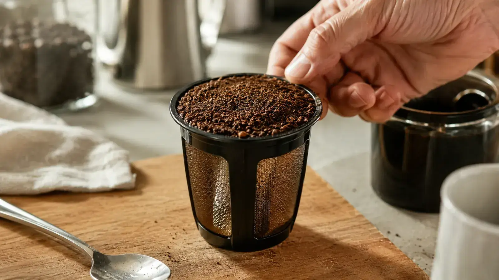 A reusable K-Cup filter being packed with coarse ground coffee