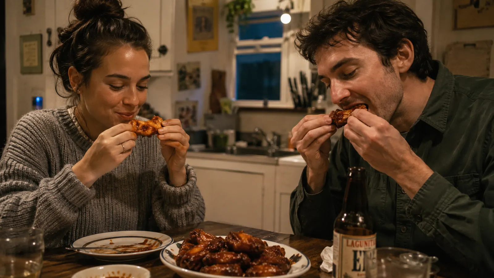 Two people eating freshly sauced crispy chicken wings at a small kitchen table