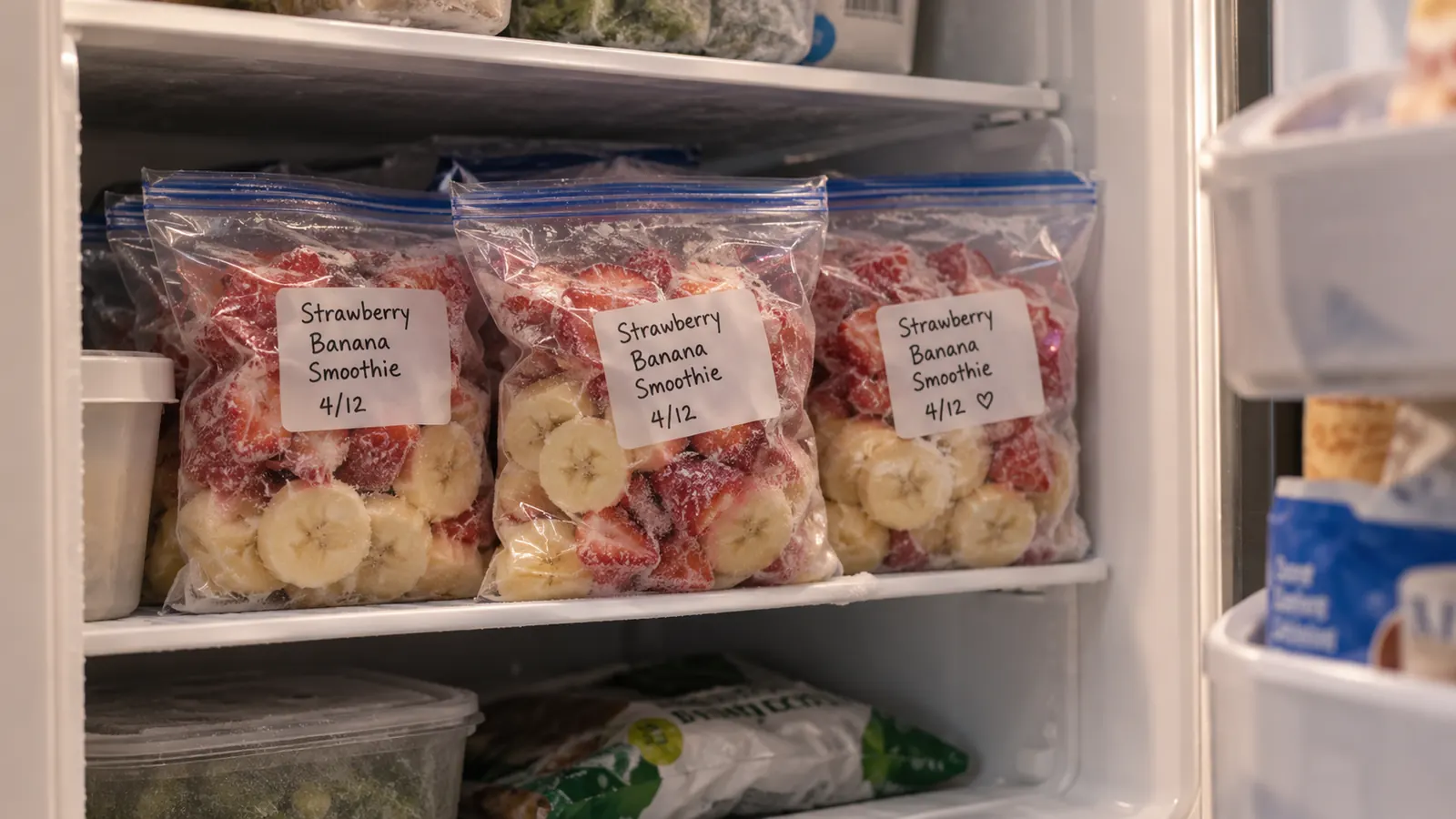 Pre-portioned freezer smoothie packs of banana and strawberries lined up on a small freezer shelf