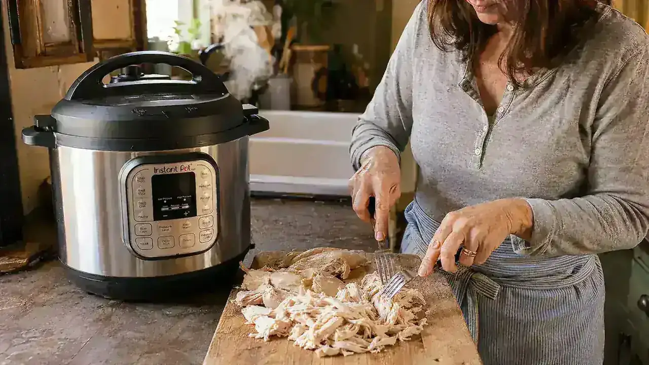 Hands shredding chicken with two forks on a cutting board beside an Instant Pot Duo
