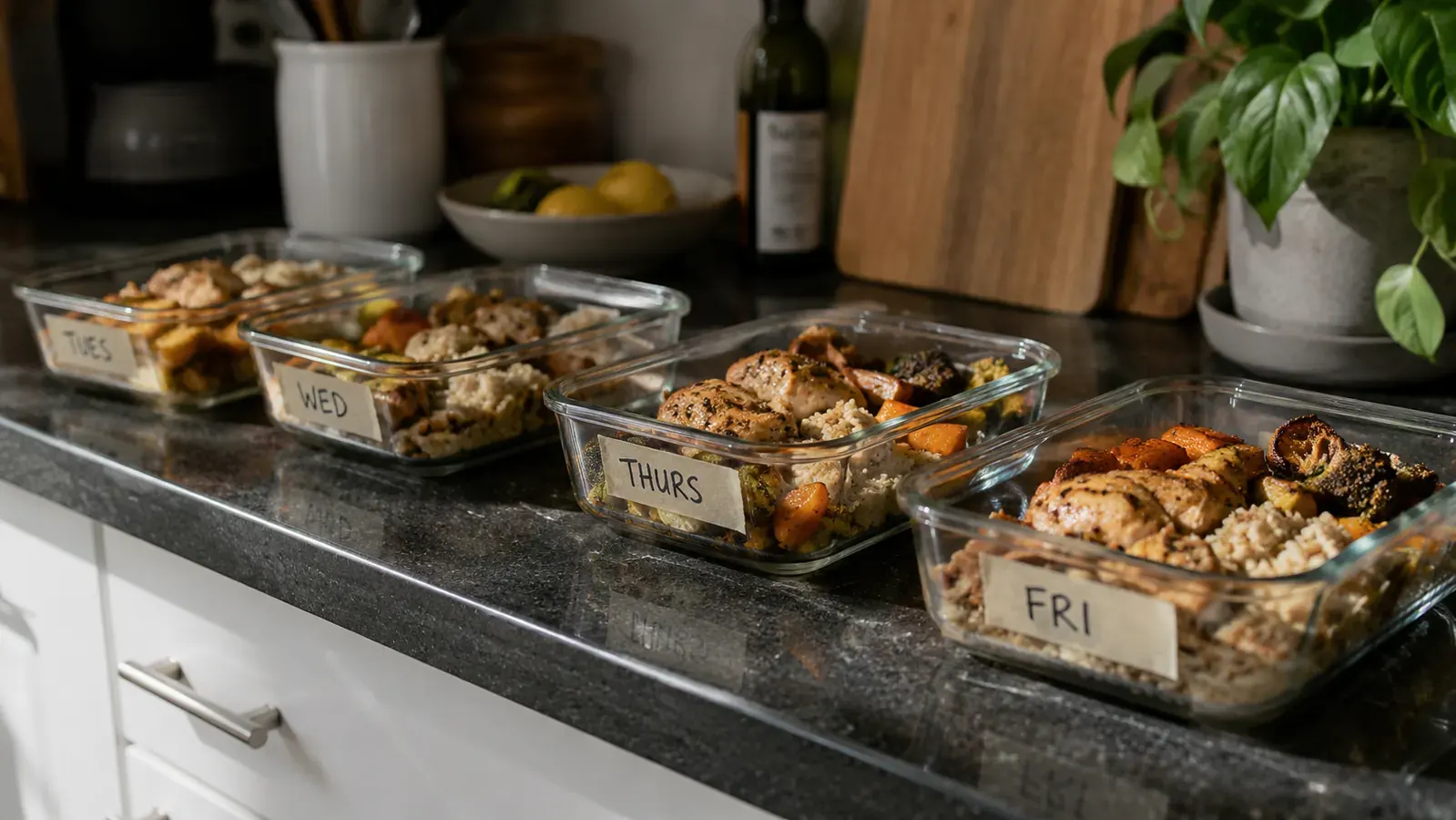 Labeled glass meal-prep containers filled with chicken, rice, and vegetables on a kitchen counter
