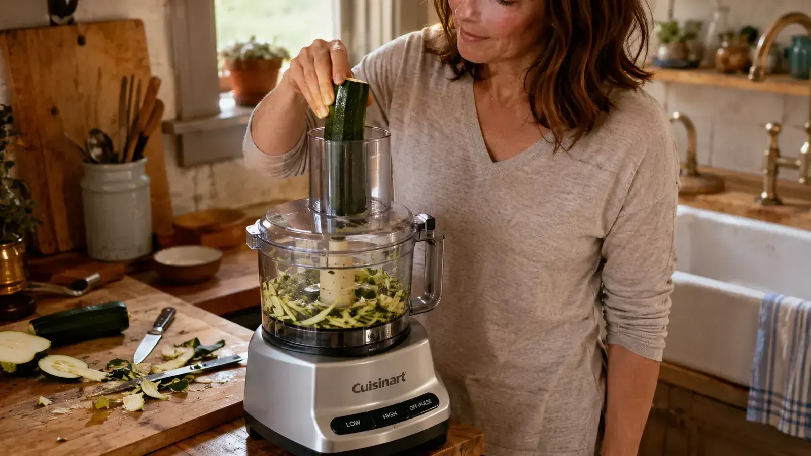 Hand feeding a halved zucchini into the narrow feed tube of a Cuisinart food processor