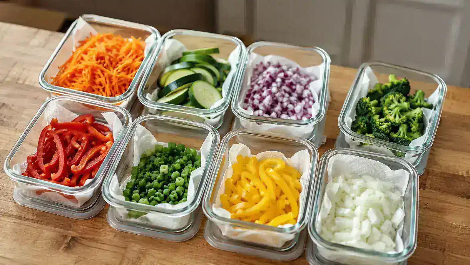 A week's worth of prepped vegetables stored in separate airtight containers on a kitchen counter