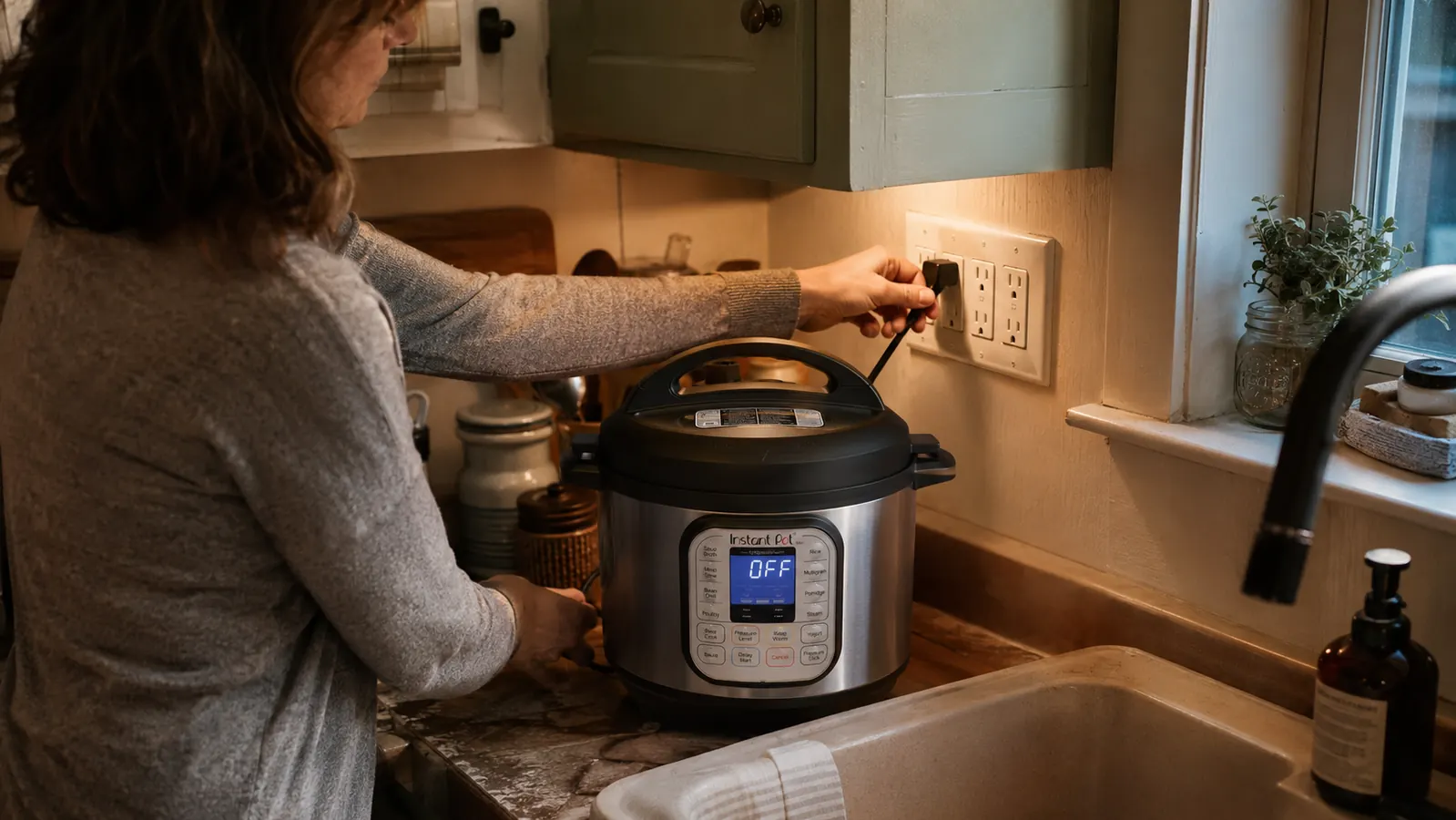 A hand swapping the plug at a shared kitchen outlet to power an Instant Pot Duo