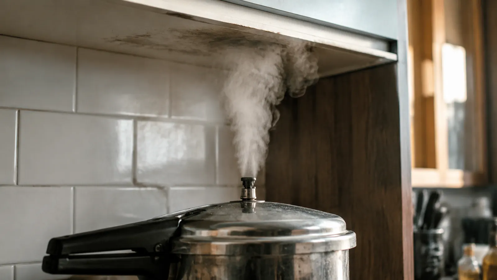 Steam venting upward from a pressure cooker toward a low cabinet in a small kitchen