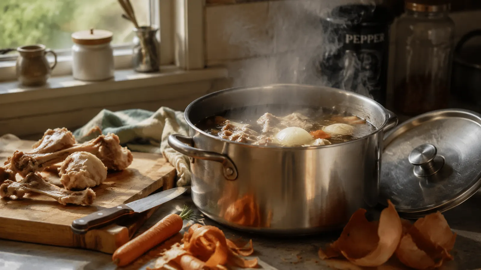 Steam rising from a pot of homemade bone broth on a small kitchen counter