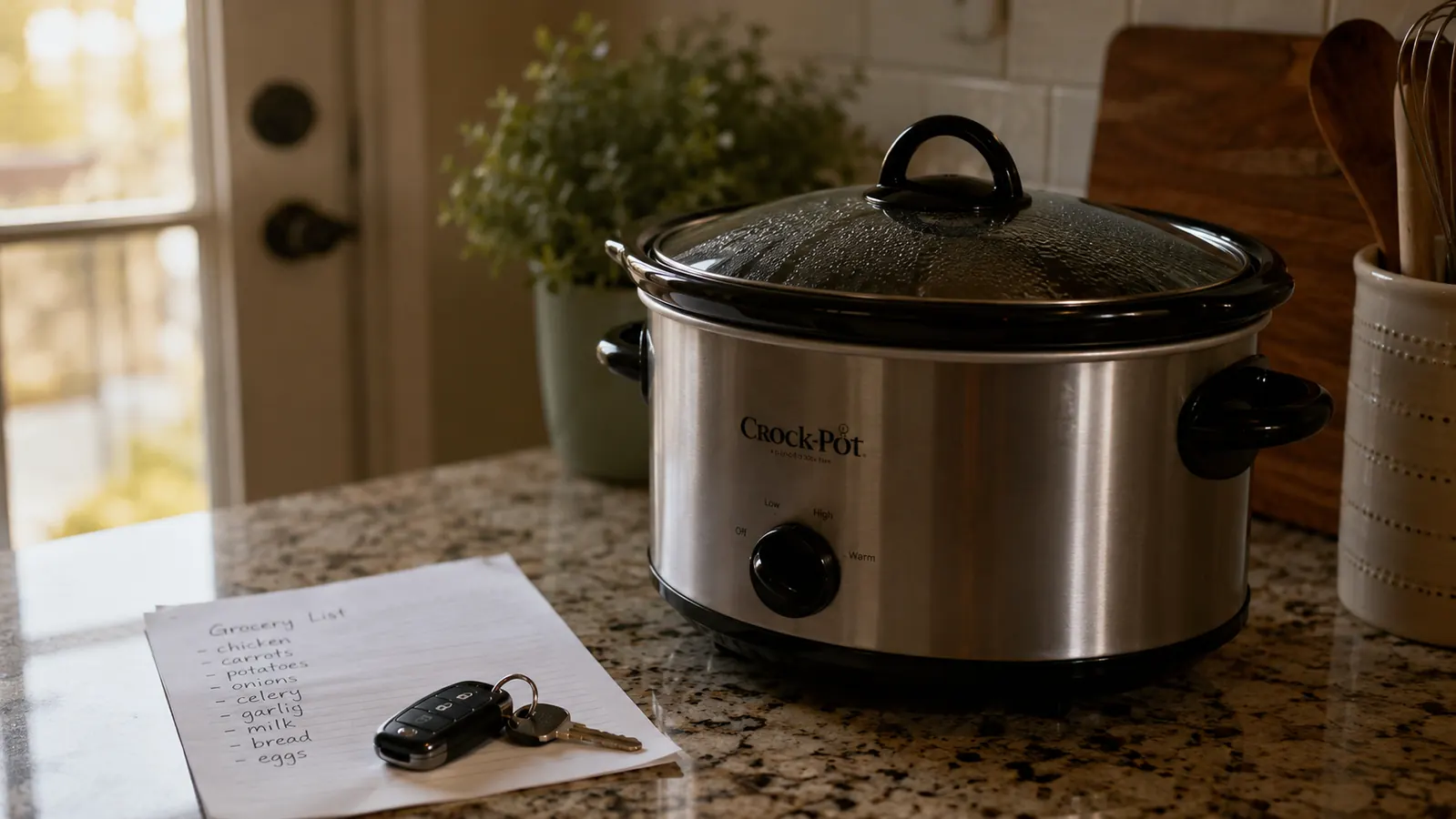 A Crock-Pot slow cooker simmering quietly on a kitchen counter in early morning light