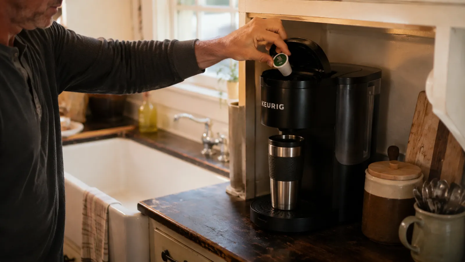 A hand loading a K-Cup pod into the Keurig K-Classic before heading out the door