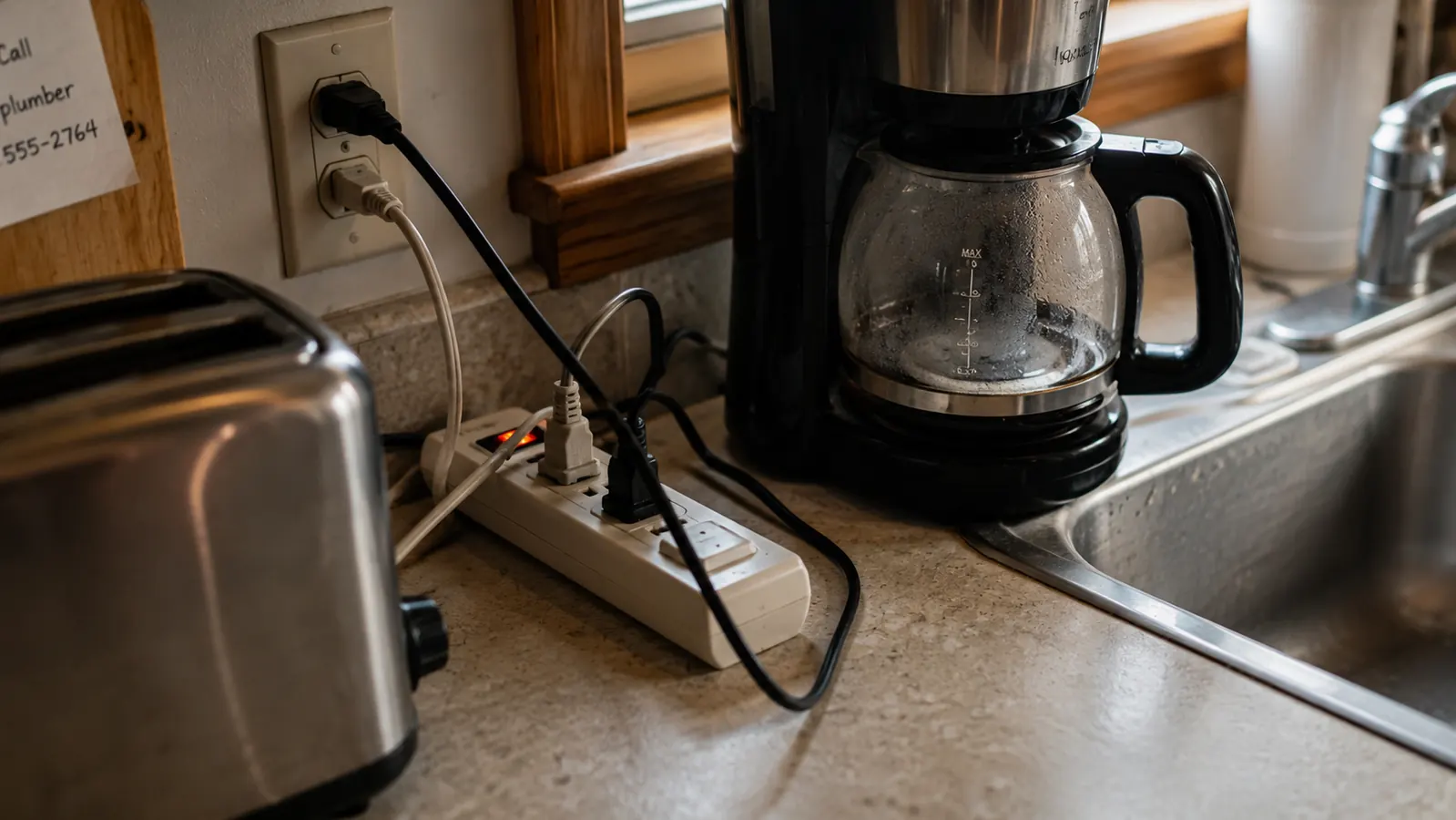 A shared outlet cluster beside a kitchen sink with a coffee maker cord and a toaster cord plugged in