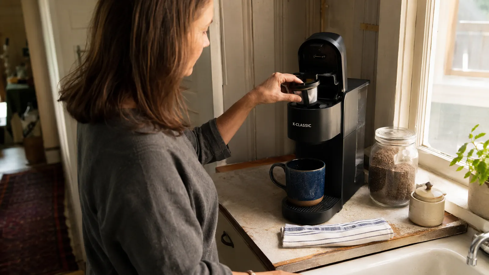 A hand loading a reusable filter cup into the Keurig K-Classic instead of a disposable pod