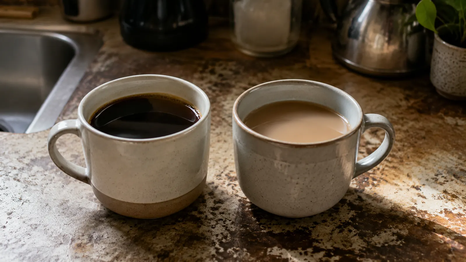 Two cups of coffee side by side showing a difference in color and strength