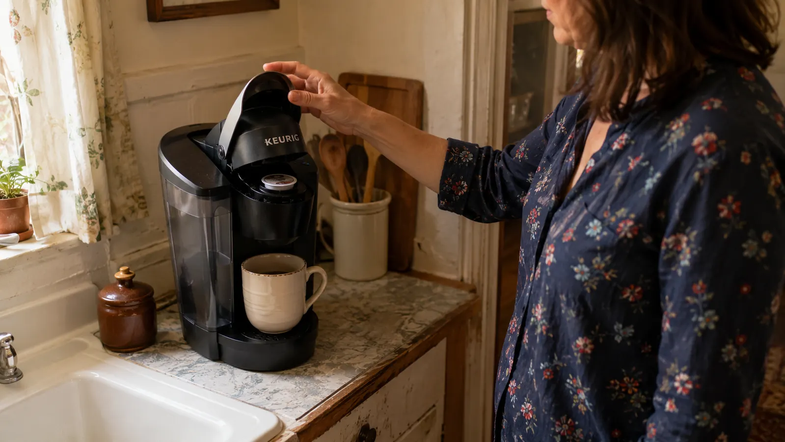 A hand loading a K-Cup pod into the top of the Keurig K-Classic coffee maker