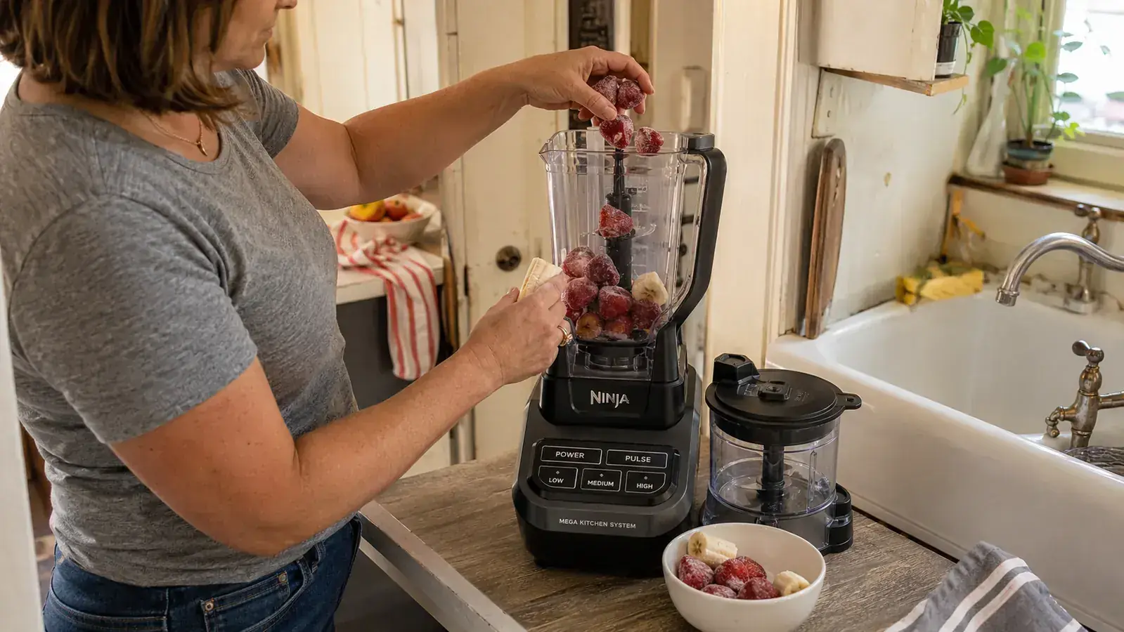 Hands loading frozen strawberries into the Ninja Mega Kitchen System pitcher
