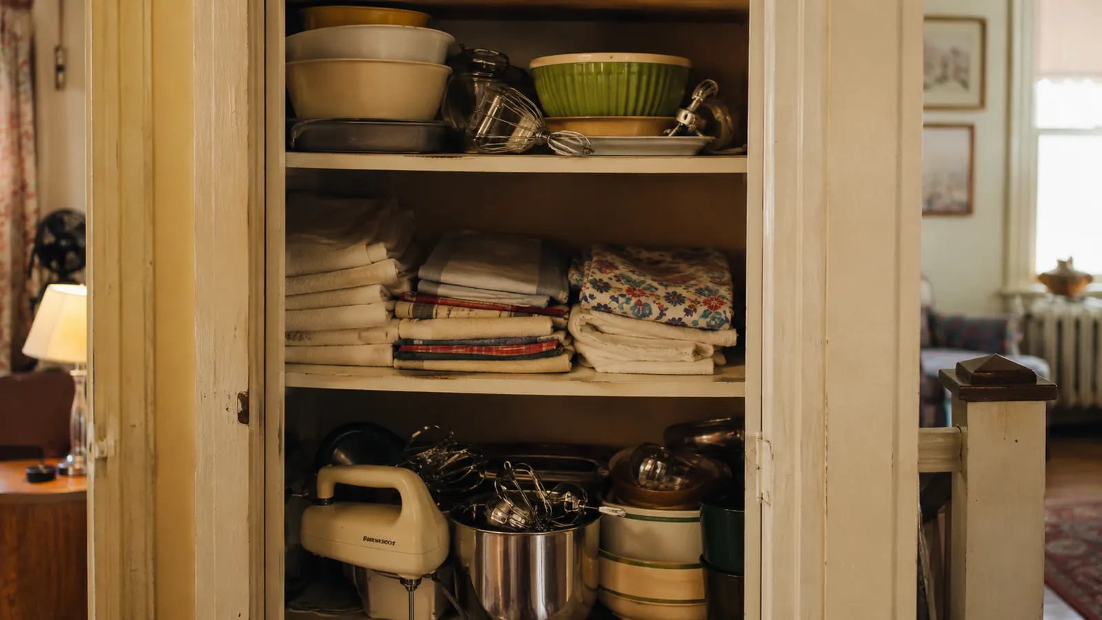 A small hall closet shelf used to store extra kitchen appliance parts in a compact apartment