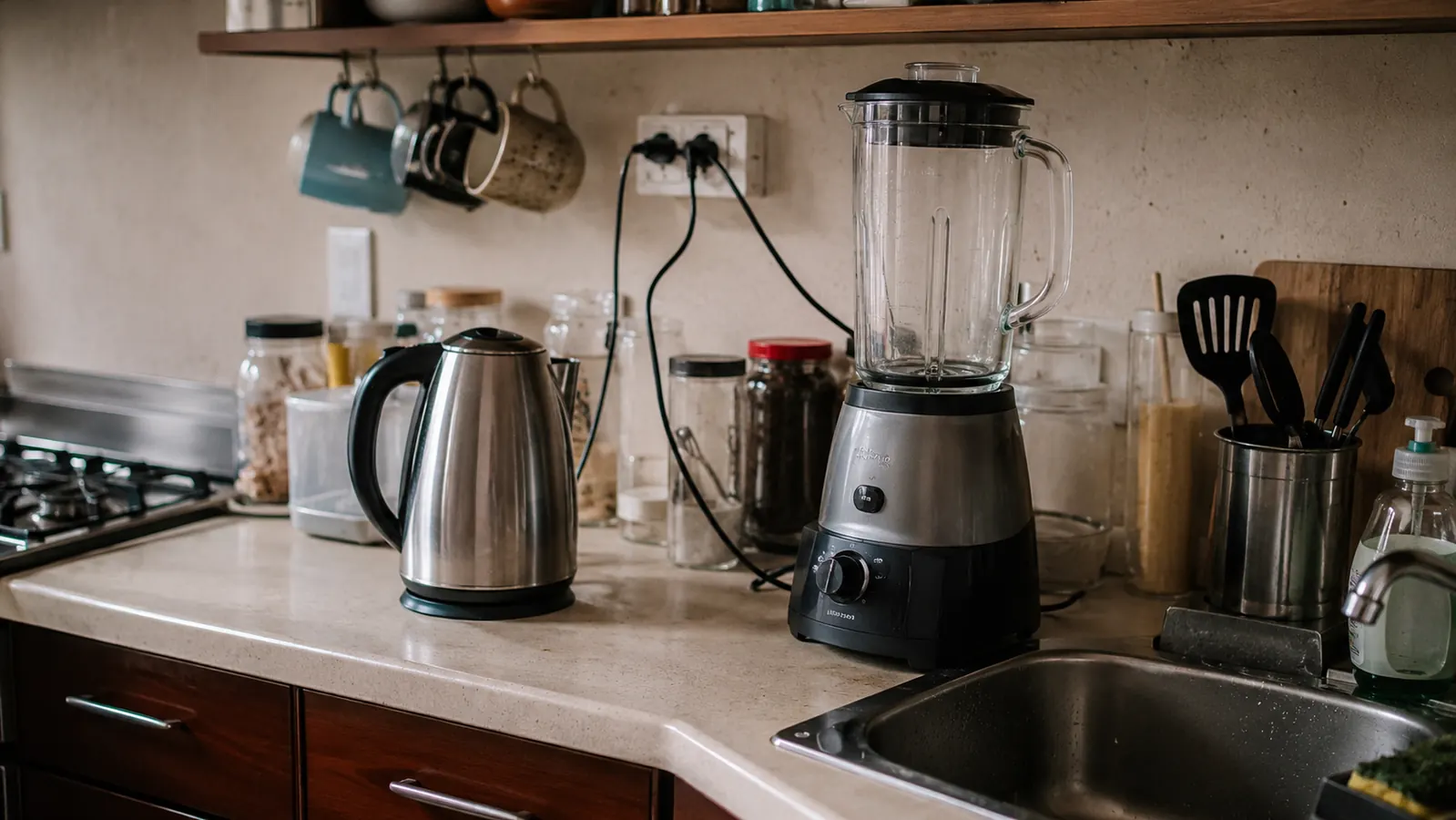 A kettle and a blender sharing one outlet cluster on a narrow kitchen counter
